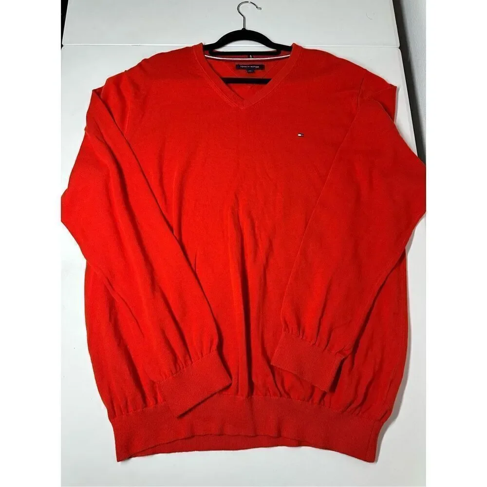 Tommy Hilfiger Sweater Mens XXL Orange Cotton V Neck Knit Long Sleeve Pullover